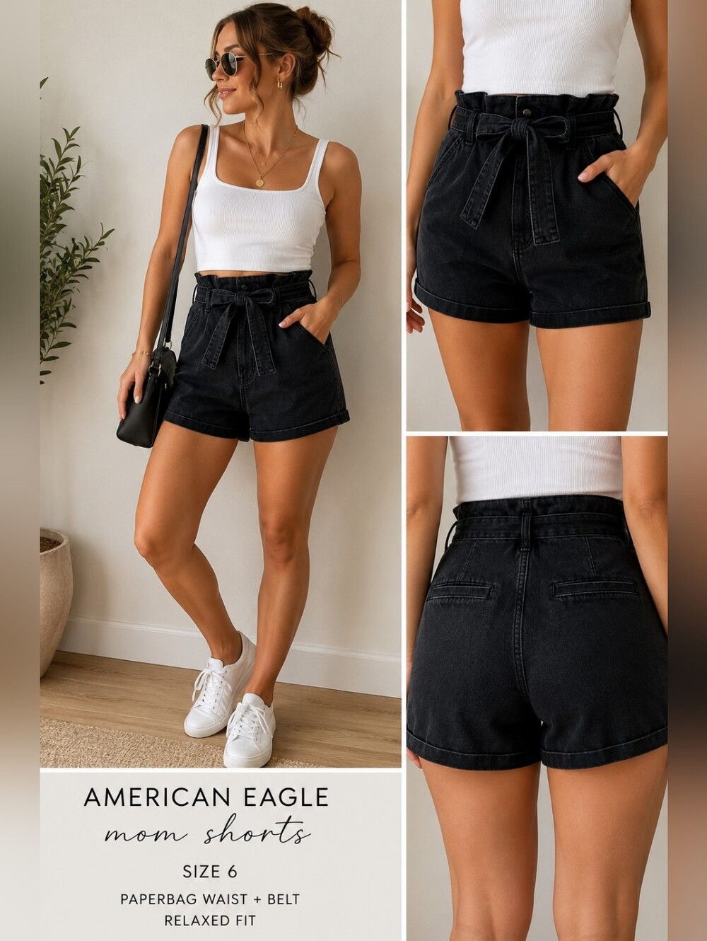 American Eagle Paperbag Waist Mom Shorts Black Belted Size 6 NWT